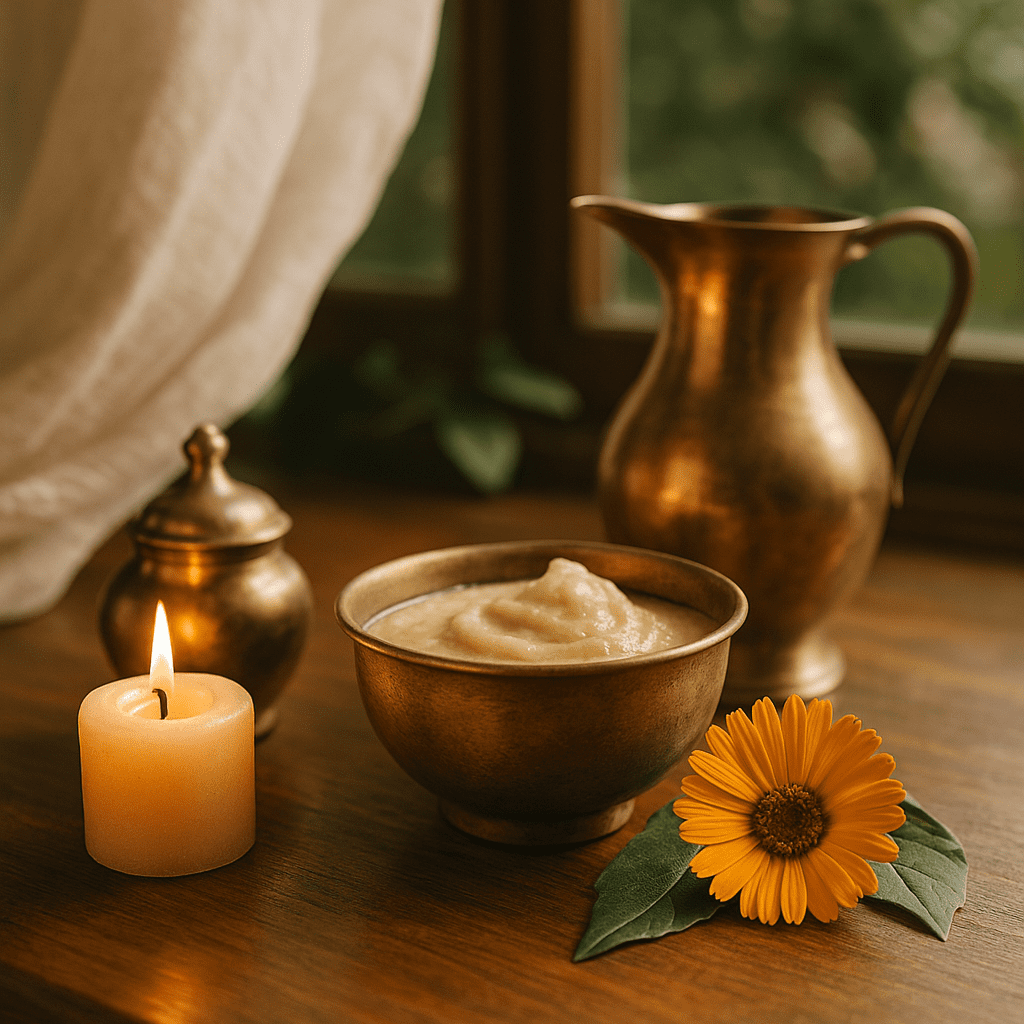 Brass bowl of Ayurvedic herbal paste with calendula flower, candle, and copper pitcher in a serene healing setting near window